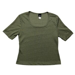 SAY Vintage Y2K Olive Green Ribbed Knit Scoop Neck Top Short Sleeve Med